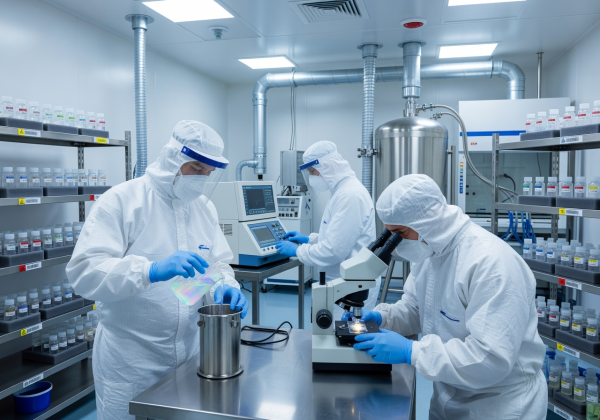 Aerospace laboratory with scientists in clean suits analyzing propellant samples