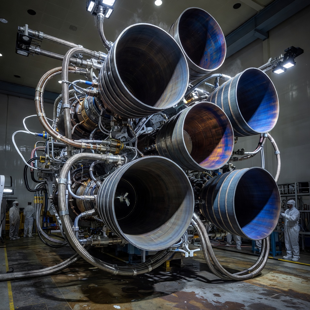 Close-up of rocket engine nozzles with fuel lines during pre-launch preparation