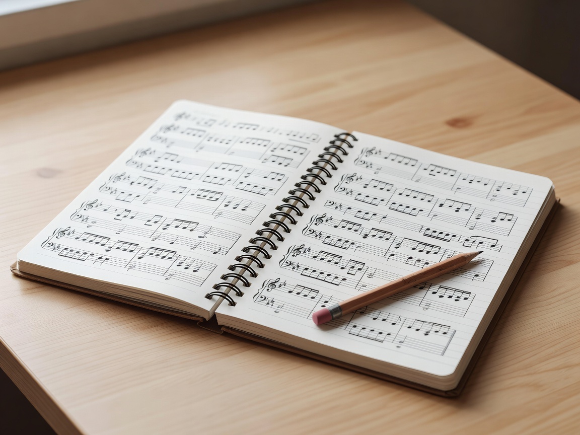 Cuaderno pautado con anotaciones musicales y un lápiz, sobre una mesa clara