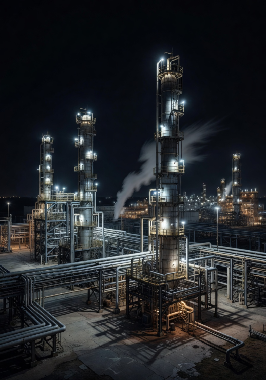 Industrial refinery at night with illuminated distillation columns and pipeline infrastructure