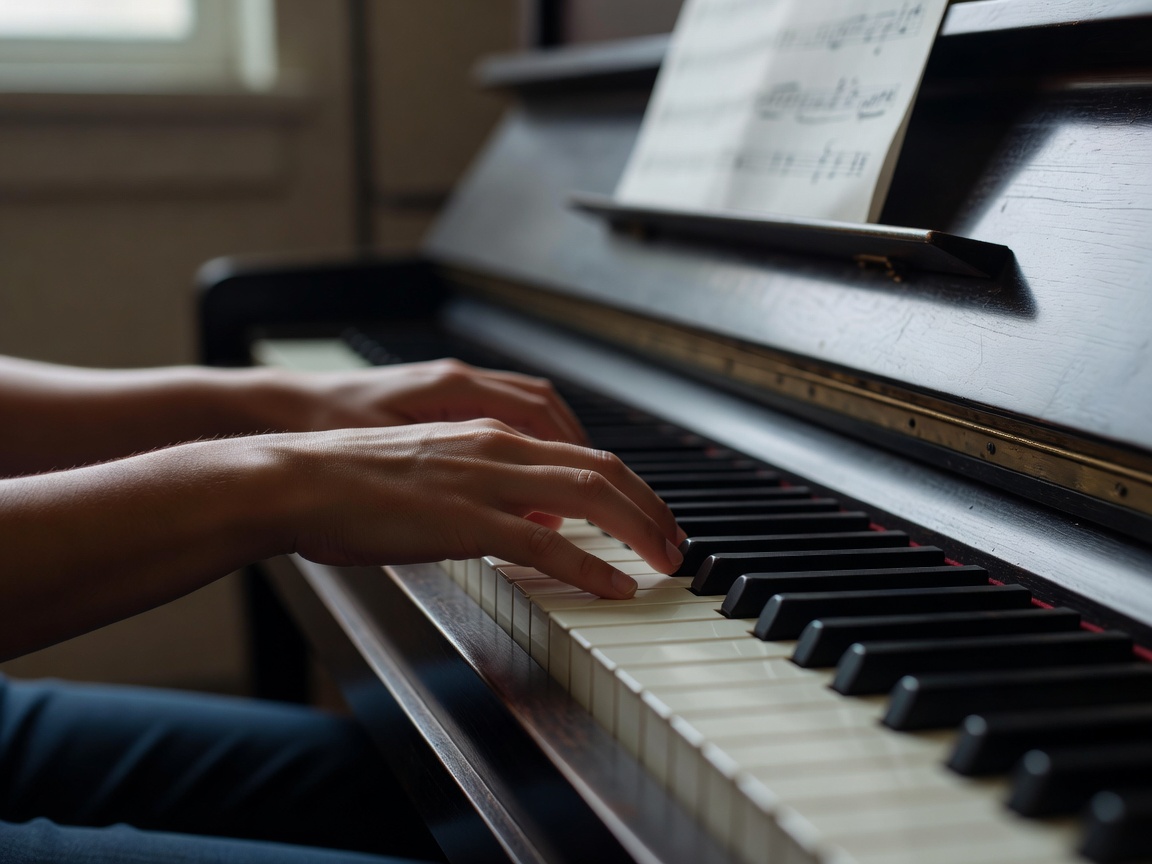 Manos de un estudiante posicionadas sobre el teclado de un piano de pared