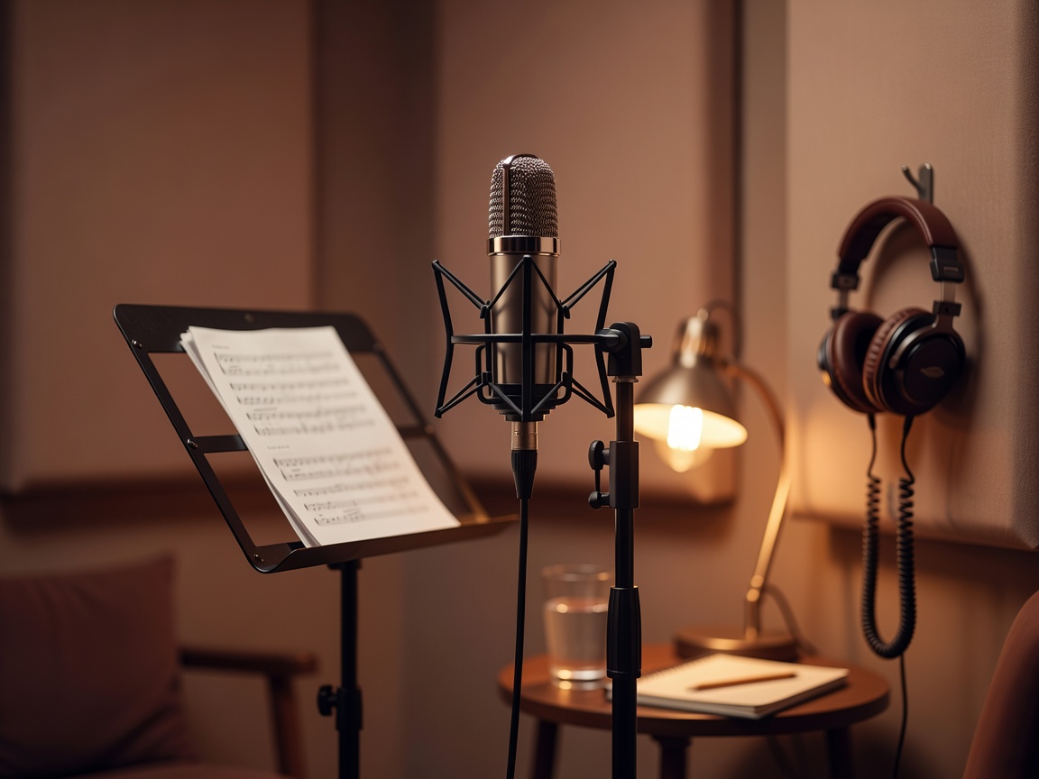 Micrófono de estudio en un entorno cálido, preparativo para una sesión vocal