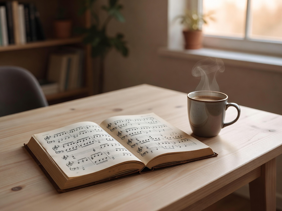 Partituras y una taza de café sobre una mesa de madera clara, sugiriendo un estudio relajado