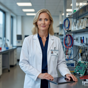 Portrait of Dr. Sarah Lindström, CTO in a white lab coat