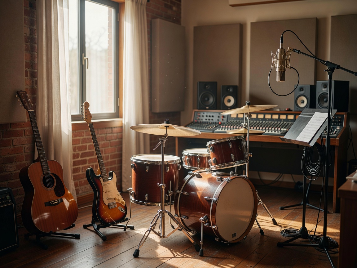 Vista cálida de un estudio musical con instrumentos iluminados por luz natural suave